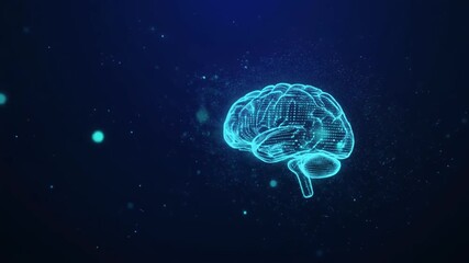 Digital brain rotating with glowing particles - Powered by Adobe