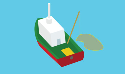 Minimalistic illustration of a fishing boat catching fish in the open blue sea © Mike
