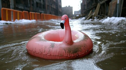 A lone inflatable flamingo triumphantly drifts through urban floodwaters, echoing whimsical resilience; perfect for World Water Day themes
