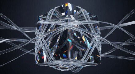 Refractive crystal cube entangled with transparent lines, abstract technology concept