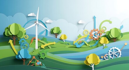 Paper art illustration of a green landscape with a wind turbine symbolizing sustainable energy development and strategic environmental planning