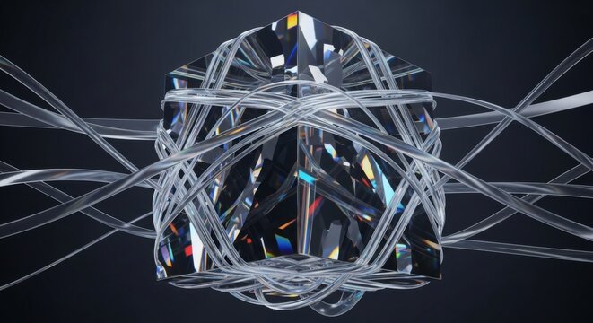 Refractive crystal cube entangled with transparent lines, abstract technology concept