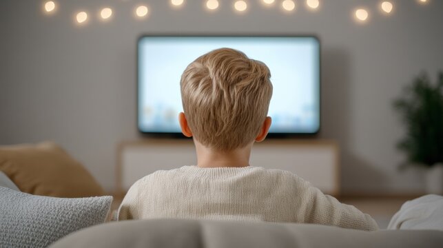 Blonde-haired Caucasian boy absorbed in flickering TV glow, embracing hygge, cozy movie night ambiance, World Television Day magic