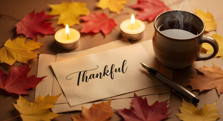 Cozy autumn scene with "Thankful" message, warm candles, and steaming mug.