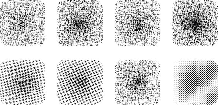 Eight rounded square halftone patterns on white