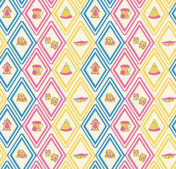 Pattern 1-7Seamless Pattern: A vibrant, kitschy Harlequin print featuring playful illustrations of teacups, fruit slices, and sweet treats nestled in a lattice of pink, blue, and yellow diamond ropes.