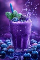 blueberry smoothie splash with berries and mint, isolated on white background