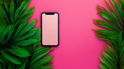 Smartphone oasis amidst verdant foliage and vivid pink, evokes digital reprieves, Earth Day greens, and technophile retreats