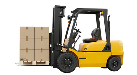 Yellow forklift truck lifting a pallet with six cardboard boxes isolated on a transparent background