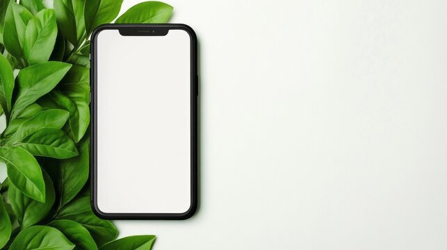 A sleek smartphone nestles beside vibrant verdant leaves, evoking Earth Day tranquility and digital detox indulgence