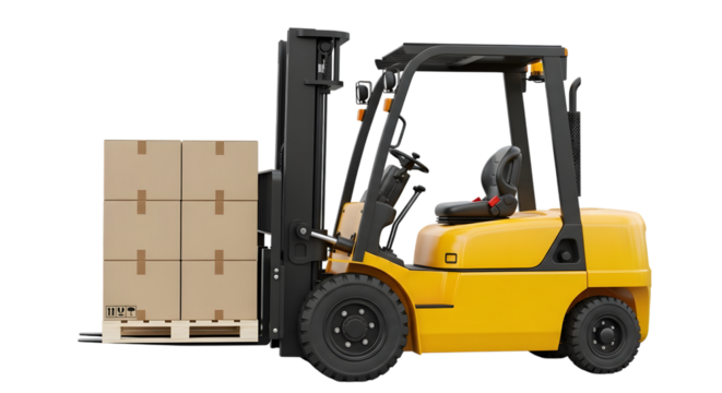 Yellow forklift truck lifting a pallet with six cardboard boxes isolated on a transparent background