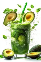 avocado smoothie splash with avocado slices, isolated on white background