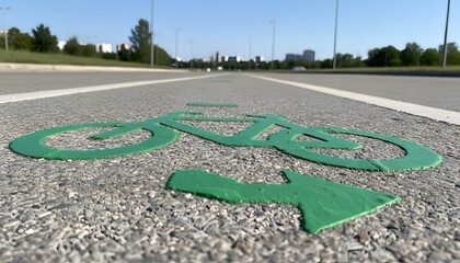 A green bicycle lane sign with a modern city skyline in the background, symbolizing urban mobility, eco-friendly transport and sustainable lifestyle. Perfect for city planning, environmental