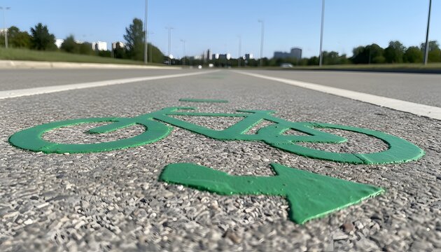 A green bicycle lane sign with a modern city skyline in the background, symbolizing urban mobility, eco-friendly transport and sustainable lifestyle. Perfect for city planning, environmental
