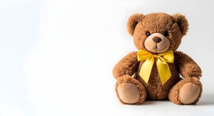 Obraz premium Brown Teddy Bear with Yellow Ribbon on White Background, Soft Toy for Kids and Children
