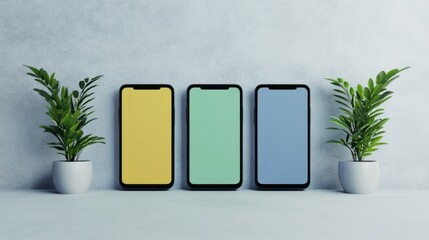 Three minimalist smartphones juxtaposed with verdant potted plants, evoking Digital Detox Day, a harmony of tech and nature