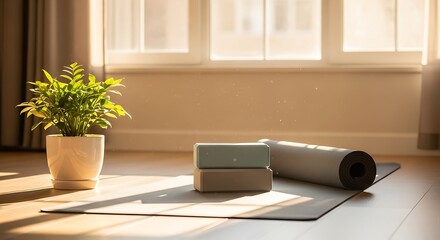 Peaceful home yoga setup with mat and blocks for stress management and wellness practice in the morning sunlight. A tranquil space for mindfulness and exercise