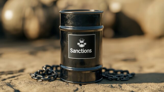 Mysterious black barrel chained on sandy ground, evoking whispers of geopolitical intrigue and International Sanctions Day reflections
