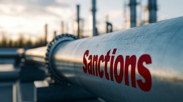 A colossal steel pipeline bearing bold Sanctions letters snakes through an industrial landscape, symbolizing geopolitical tension on Earth Day and United Nations Day for Peace