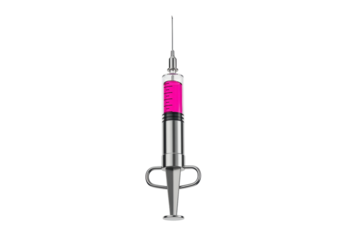 Isolated syringe with pink liquid for injecting medicine and vaccination against diseases