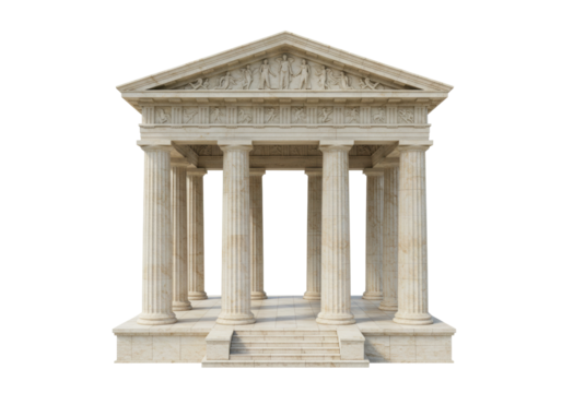 Isolated Ancient Greek Temple Facade with Columns and Pediment Architecture Study Shot