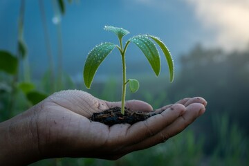 Fresh green seedling in hand with morning dew