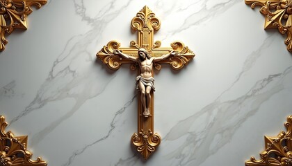 Golden ornate cross with Jesus Christ on marble background. Luxurious baroque style, intricate details, religious symbol. Gold crucifix on white stone surface. Decorative elements in corners.