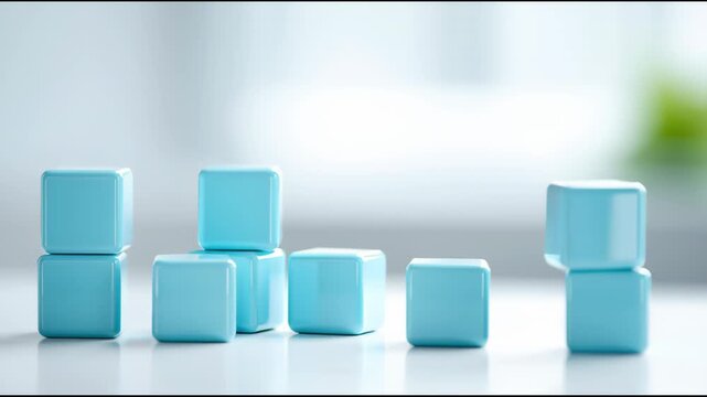 A stack of blue blocks on a white surface. The blocks are stacked in a pyramid shape. Concept of stability and strength, as the blocks are firmly stacked on top of each other