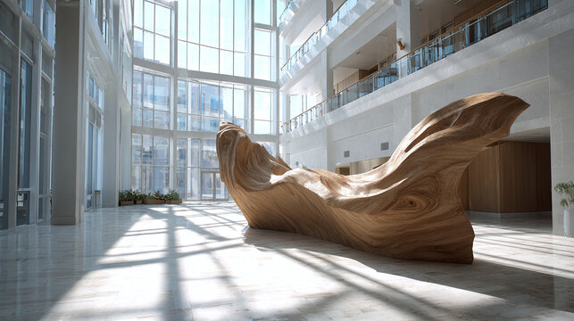 An elegant wooden sculpture in a modern building. Sunlight streams through large windows, illuminating the sculpture and interior space