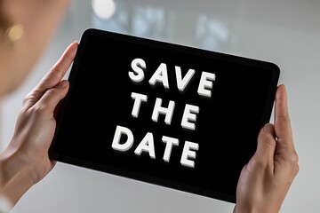 Person holding tablet with save the date text on screen