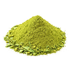 Pile of fresh Green neem leaf powder isolated on white background , ai generated image .