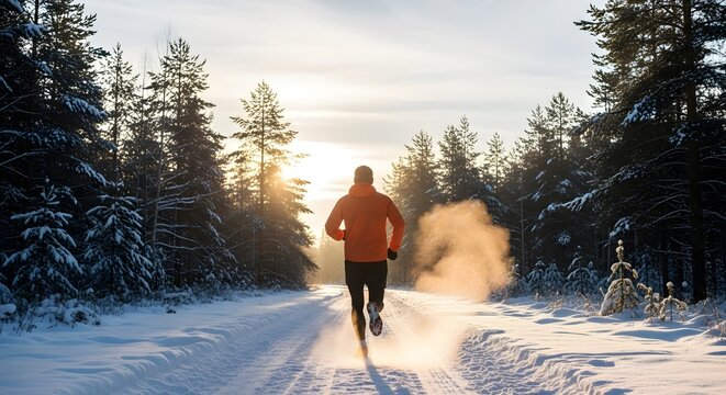 Winter Run Back View of Man in Orange Jacket Running on Snowy Road Between Forest Trees - Powered by Adobe