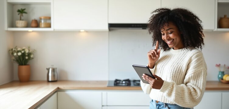Young Black woman smiles using tablet computer at home kitchen counter. Interacts with digital device, perhaps browsing social media, shopping online, working remotely. Finger points up as idea