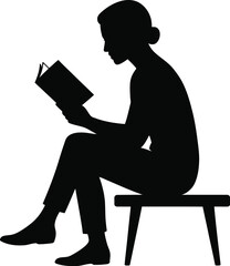 Silhouette of a woman sitting on a stool and reading a book vector illustration