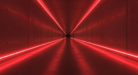 Perspective view of a futuristic hallway illuminated by vibrant red neon light strips creating an illusion of infinite space