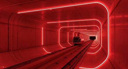 A high-speed automated train navigates a crimson-lit subterranean network, a futuristic vision of rapid transit and technological acceleration