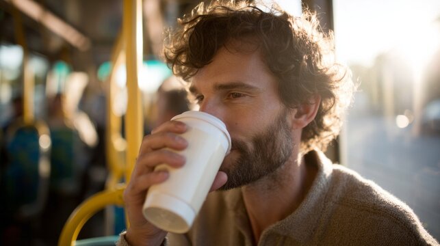 Sunlit journey captured as a Caucasian man savors morning coffee on a bus, embodying International Coffee Day wanderlust - Powered by Adobe