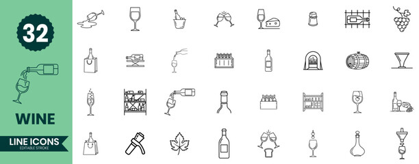 Wine Line Icons Set Winery, Vineyard, Bottle, Glass, and Sommelier Symbols
