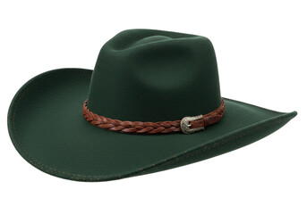 Isolated green felt Outback hat with a woven leather band and ornate buckle against neutral backdrop