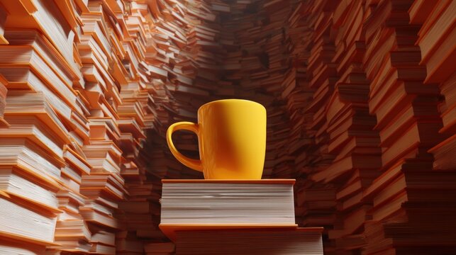 Stack of books with a yellow coffee cup on top. the books are arranged in a way that they form a tunnel-like pattern, with the topmost book on the left side and the bottommost on the right side.