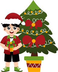 Illustration of Boy with Christmas Tree and Gift
