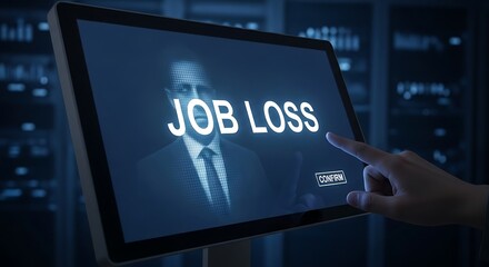 A finger touches a screen to confirm job loss, symbolizing technological unemployment and business downsizing