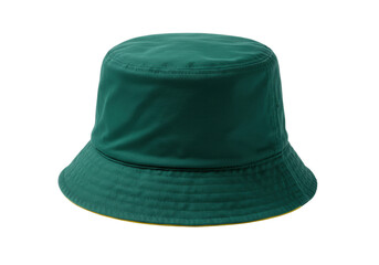 Isolated dark green bucket hat with yellow brim, fashionable headwear for sun protection