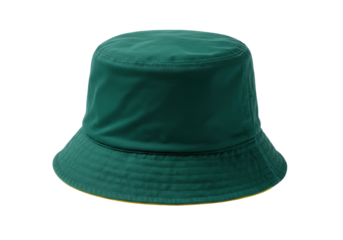 Isolated dark green bucket hat with yellow brim, fashionable headwear for sun protection