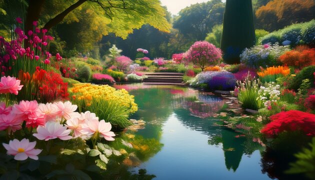 serene scene of a vibrant flower pond teeming with colorful blooms and lush green foliage reflecting in the tranquil water perfect for nature garden and serenity themes garden flowers