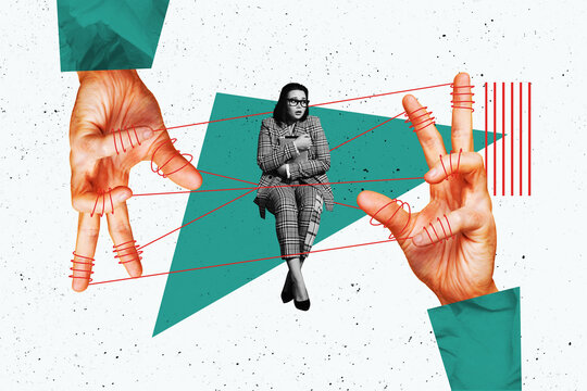 Creative poster banner 3d collage photo of puzzled girl sit boss hands control puppet exploitation rope trap dictatorship
