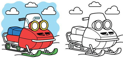 Coloring book or page with red snowmobile cartoon character for children vector illustration isolated on white background