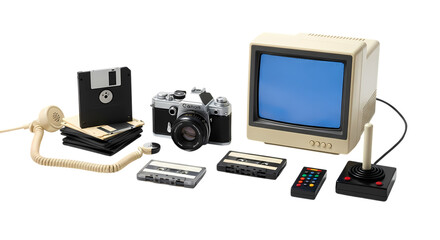 Vintage tech collection evoking nostalgia, featuring a retro computer monitor, camera, game controller, and cassettes, embodying 80s and 90s culture