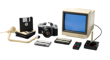 Vintage tech collection evoking nostalgia, featuring a retro computer monitor, camera, game controller, and cassettes, embodying 80s and 90s culture
