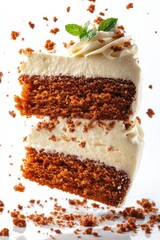 carrot cake slice flying with cream cheese frosting, isolated on white background